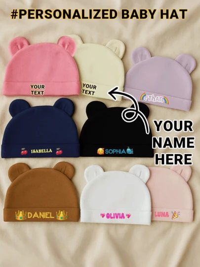 1pc Customized Baby Hat, Adorable Ear Design, Newborn Hospital Hat, Suitable For Baby Boys And Girls Daily Wear, Scratch-Resistant And Warm, Suitable For All Seasons, Ideal For Customized Personal Gifts, Back-To-School Gifts, Winter Gifts, Valentine's Day Gifts. Multi-Functional, Decorative, Exquisite Letters, Fashionable, Baby Fashion, Soft And Comfortable, Colorful.