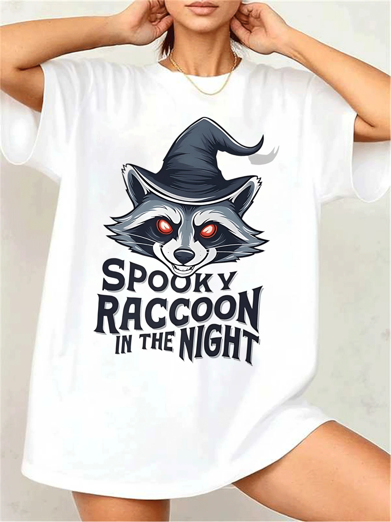 Halloween Vibes Women's TShirt, Spooky Raccoon Graphic Tee For Ladies, Comfortable Cotton Blend Top With Unique Print, Perfect For Festive Occasions & Casual Wear!