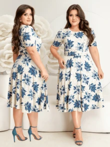 DRESS WITH BELT, FULL GODÊ SKIRT, SHORT SLEEVES, ROUND NECKLINE WITH VISCOLYCRA FLORAL PRINT - Màu xanh lam - Xem 1