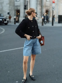 女式纯色粗花呢圆领口袋前扣休闲夹克 - 黑色 - 查看 9