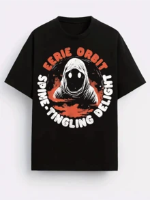 Eerie Orbit Graphic Tee für Herren, hochwertige Baumwolle, stilvolles T-Shirt mit Rundhalsausschnitt und kurzen Ärmeln und einzigartigem Distressed-Print, lässig und bequem, perfekt für den Alltag, in verschiedenen Größen erhältlich. - Schwarz - Übersicht 2