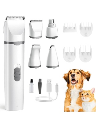 4-In-1 Pet Hair Trimmer Set, Grooming Electric Shaver Kit, Dog Clippers Set (With Nail Grinder), Electric Shaver, Paw & Hair Trimmer, Cordless & Quiet, 2 Adjustable Speeds, USB Rechargeable, Suitable For Medium/Small Pets Dogs & Cats, For Paws, Eyes, Ears, Face & Fur Grooming, Pet Nail Care