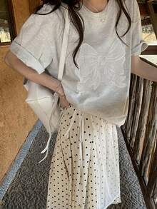 刺绣蕾丝蝴蝶结印花短袖圆领 T 恤 - 淺灰色 - 查看 4