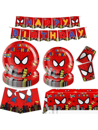 Marvel 1pc/50pcs/81pcs Spider-Man Themed Disposable Party Tableware Set (7-Inch Plate + 9-Inch Plate + Paper Cup + Napkin), Includes Tablecloth, Plates, Cups, Banner, Suitable For Birthday/Holiday/Kids Party Decoration And Dining, Vibrant Red Comic City Scenery Design, Easy To Clean And Dispose, Great Gift For Couples And Friends