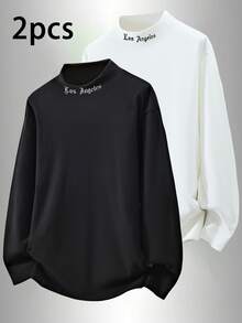 2PCS Long-Sleeved Half Turtleneck Base Layer Shirt With Letter Pattern, Casual T-Shirt For Men In Autumn And Winter, Two Pieces Set