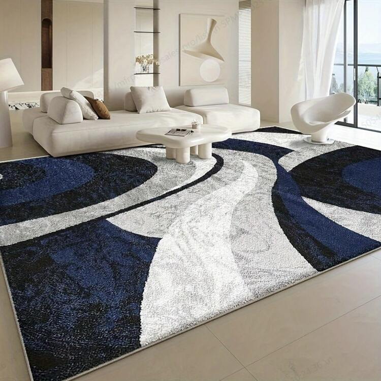 1 Peça Tapete Moderno de Padrão Geométrico Abstrato com Curvas, Apresentando Formas Geométricas Entrelaçadas Curvas em Azul Escuro, Cinza Claro e Preto, Tapete Contemporâneo Criativo, Adequado para Sala de Estar, Quarto, Cozinha, Escritório, Entrada, Lavanderia, Presente de Decoração Doméstica; Tapete para Sala de Estar: Tapete para Sala de Estar, Tapete, Tapete de Área para Sala de Estar, Tapete de Área Pequeno, Tapete, Decoração Doméstica, Tapete Grande para Sala de Estar, Decoração Doméstica para Sala de Estar, Decoração de Ambiente, Tapete de Cozinha Lavável - Multicolorido - Visão 1