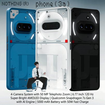 Nothing Phone (3a) 5G Smartphone White, Qualcomm Snapdragon 7S Gen 3, 6.77 Inch 120Hz AMOLED, 50MP Main Camera And 50MP Telescope, 32MP Front Camera, 5000mAh Battery, 50W Fast Charging, NFC, Nothing OS 3.1 Powered By Android 15