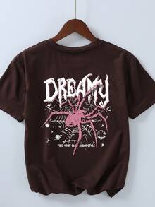 少女蜘蛛和标语图案短袖T恤夏季 - 黑色 - 查看 2