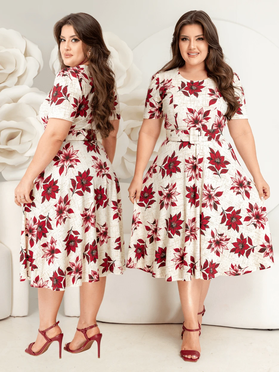 DRESS WITH BELT, FULL GODÊ SKIRT, SHORT SLEEVES, ROUND NECKLINE WITH VISCOLYCRA FLORAL PRINT - Red - View 1