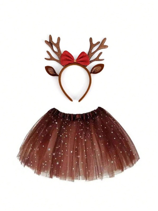 Sanrio 1/2pcs Christmas Deer Dress-Up Set - Includes A Puffy Skirt And Antler Headband, Perfect For Teens And Adults, Christmas Cosplay And Halloween Parties