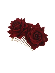 1pc Women's Premium Velvet Burgundy Rose Flower Metal Hair Comb, Bohemian Bridal Wedding Decorative Faux Flower Hair Clip, Suitable For Vacation, Party, Prom, Evening Dress Accessories, Hair Accerssories, New Year Glamour