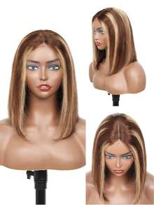 6x4 无胶蕾丝前直发 4/27 鲍勃假发 真人发质挑染 蜜金色蕾丝前假发 人发预拔婴儿发 180% 密度 万圣节服装派对假发