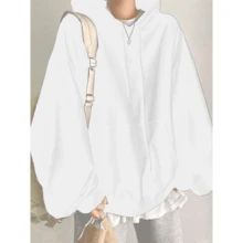 Women's Plain Oversized Solid Hooded Sweatshirt With Offset Layers - Putih - View 1