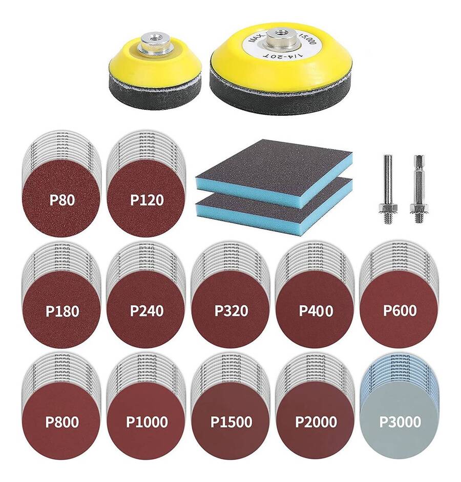Conjunto de 120 discos de lixa de 3 polegadas (incluindo almofadas) com orelhas traseiras e lixadeira de esponja para retificadoras, ferramentas rotativas com haste