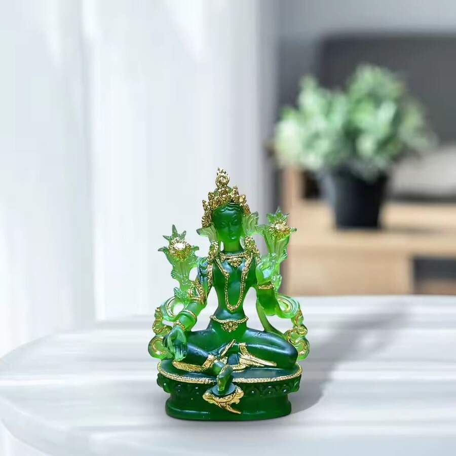 Green Tara Glazed Small Buddha Statue - Exquisite Handcrafted Buddhist Figurine ,Glazed Craftwork For Home Altar, Meditation Space - màu xanh lá - Xem 1