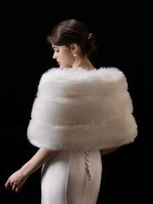 优雅时尚女士新娘婚礼派对户外秋冬防风保暖仿皮草披肩 - 白色 - 查看 3