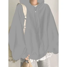 Women's Plain Oversized Solid Hooded Sweatshirt With Offset Layers - Grey - View 2