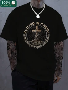 Plus Size Graphic Tee, ROOTED IN CHRIST Men Graphic Tee Top For Summer - 黑色 - 查看 1