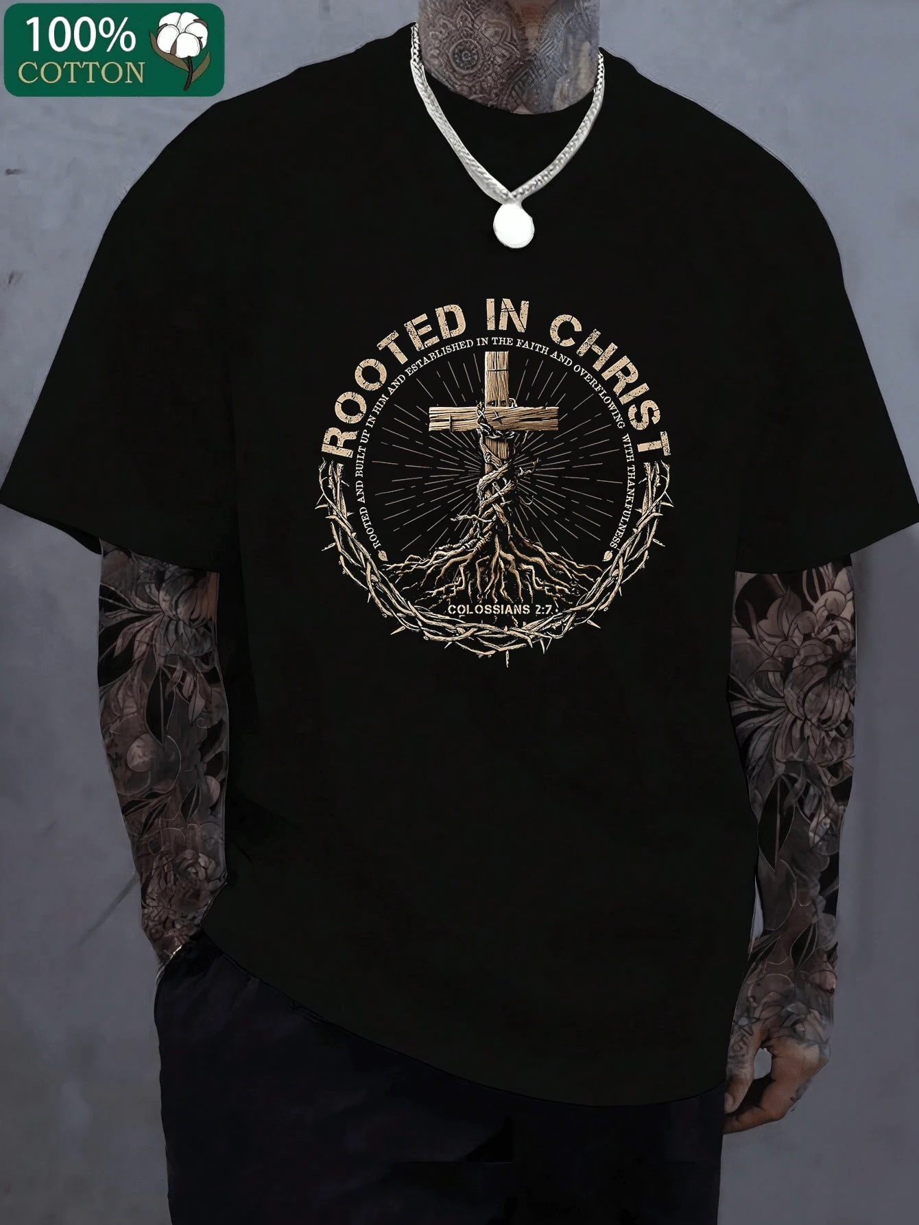 Plus Size Graphic Tee, ROOTED IN CHRIST Men Graphic Tee Top For Summer - 黑色 - 查看 1
