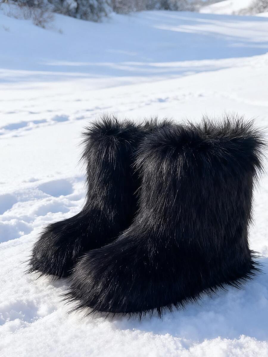 New Winter Warm Plush Faux Fur Snow Boots For Women - Dark Grey & Brown & Black Ankle Booties With Soft Lining, Cozy Slip-On Design For Cold Weather Outdoor & Indoor Wear Unisex Short Ankle Faux Raccoon Fur Snow Boots - Solid Classic Color, Super Smooth Fur Touches The Ground, Perfect For Christmas & Halloween, Y2K Style! Y2K Fashion Men's & Women's Snow Boots - Faux Raccoon Fur, Silky Smooth Floor-Reaching Fur, Solid Classic Shade, Ideal For Christmas & Halloween! Short Ankle Unisex Snow Boots With Faux Raccoon Fur - Solid Classic Color, Ultra-Smooth Fur Hits The Ground, Must-Have For Christmas & Halloween, Edgy Y2K Vibe! Christmas & Halloween Essential Faux Raccoon Fur Snow Boots (Unisex) - Solid Classic Hue, Smooth Fur Touches The Floor, Stylish Y2K Look! Y2K Short Ankle Snow Boots For Men & Women - Faux Raccoon Fur, Super Smooth Floor-Length Fur, Solid Classic Color, Great For Christmas & Halloween Celebrations! - 黑色 - 查看 1