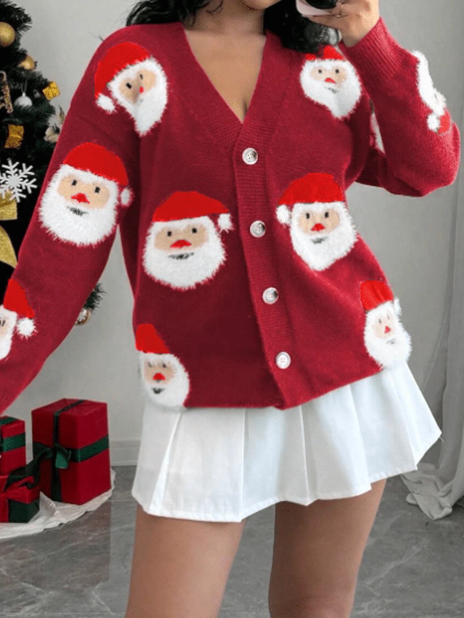 Women's Christmas Knit Cardigan Fashionable Santa Embroidery Long Sleeve V Neck Button Down Sweater