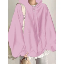 Women's Plain Oversized Solid Hooded Sweatshirt With Offset Layers - وردي فاتح - مشاهدة 1