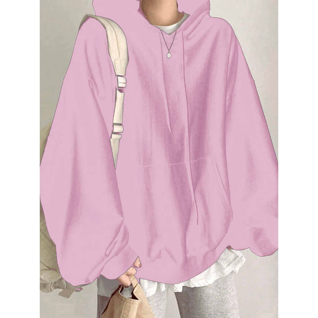 Women's Plain Oversized Solid Hooded Sweatshirt With Offset Layers - وردي فاتح - مشاهدة 1