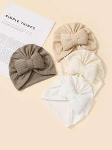 3件套婴儿幼儿大蝴蝶结发带帽组合，1-6个月，柔软提花蝴蝶结针织帽，四季皆宜 - 彩色 - 查看 12