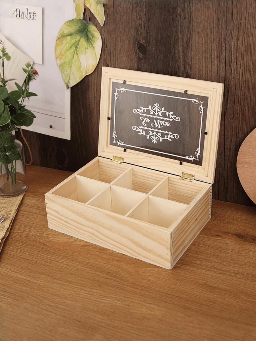 1pc Desktop Tea Bag & Tea Leaf Storage Box, 6 Compartments Coffee Snack Tea Bag Organizer Box, Candy Storage Container, Creative Home Decor, Wooden Storage Box With Transparent Glass Lid (The Wood Grain Pattern May Vary Slightly From The Actual Product Received)