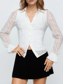 Women's Fall Lace Tops Long Sheer Sleeve Turn Down Collar Slim Button Up Shirts - White - View 1