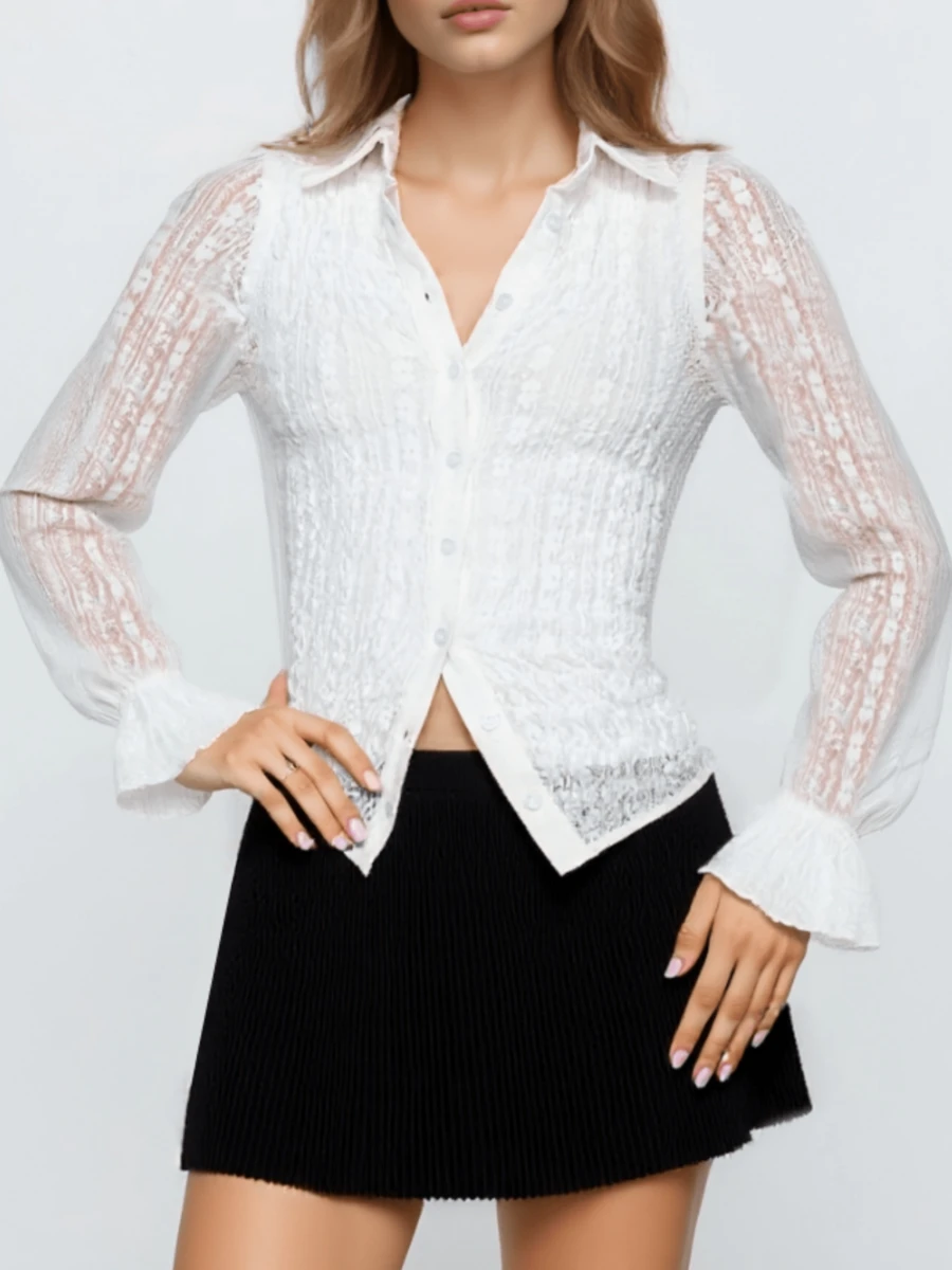 Women's Fall Lace Tops Long Sheer Sleeve Turn Down Collar Slim Button Up Shirts - White - View 1