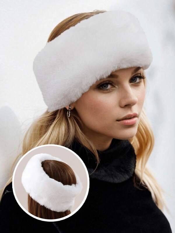1Pc Women Faux Fur Headband Solid Black Fuzzy Headband Fleece Earmuff Empty Winter Hat Top Hat