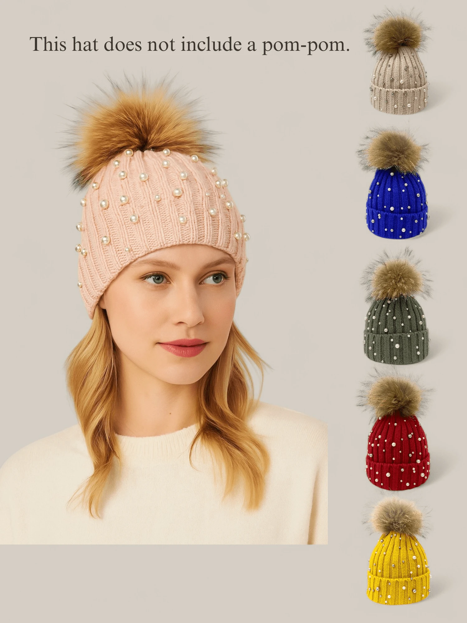 Ein Pack einfarbiger, winterlicher gestrickter Mützen mit abnehmbaren dekorativen Bommel. Breitkrempige, warme und stilvolle Beanies für Jugendliche mit gestreifter Fütterung. Warme Beanies für Herbst/Winter. Das perfekte Weihnachtsgeschenk. Gestrickte Bommel-Mützen für Herbst/Winter. Warme Beanies für Frauen mit Kunstperlen-Verzierungen.