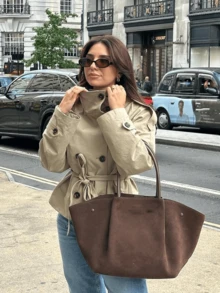 女装新款秋季韩版短款休闲立领收腰风衣外套 - 卡其色 - 查看 6