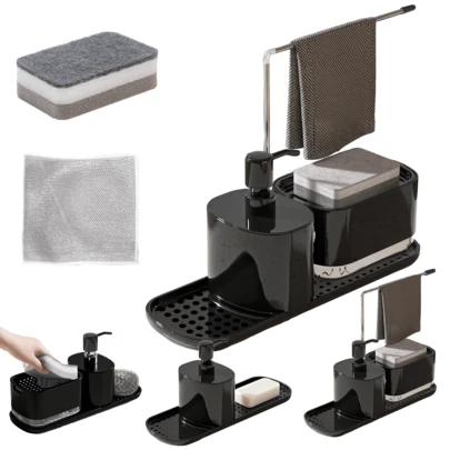 5 en 1 Dispensador de Jabón Cocina, 5 en 1 Jaboneras para Cocina, Despachador de Jabon con,Esponja, Toallero y Jabonera, Ideal para Cocina y Baño(negro)