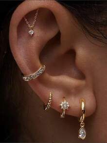 5pcs Elegant Cubic Zirconia Teardrop Pendant Hoop Earrings Set, Suitable For Women Daily Wear, Dates, Parties - Yellow Gold - View 1