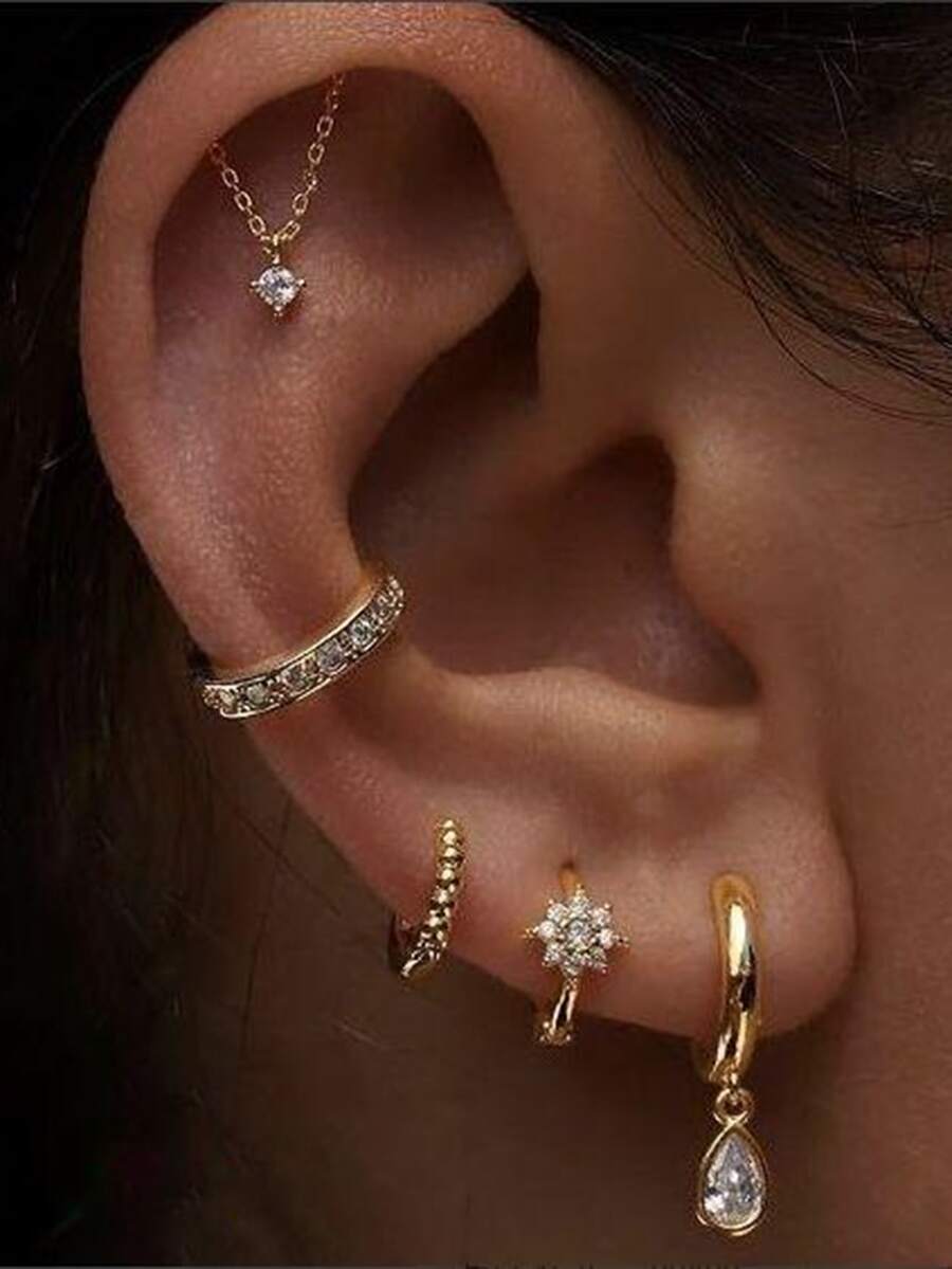 5pcs Elegant Cubic Zirconia Teardrop Pendant Hoop Earrings Set, Suitable For Women Daily Wear, Dates, Parties - Yellow Gold - View 1