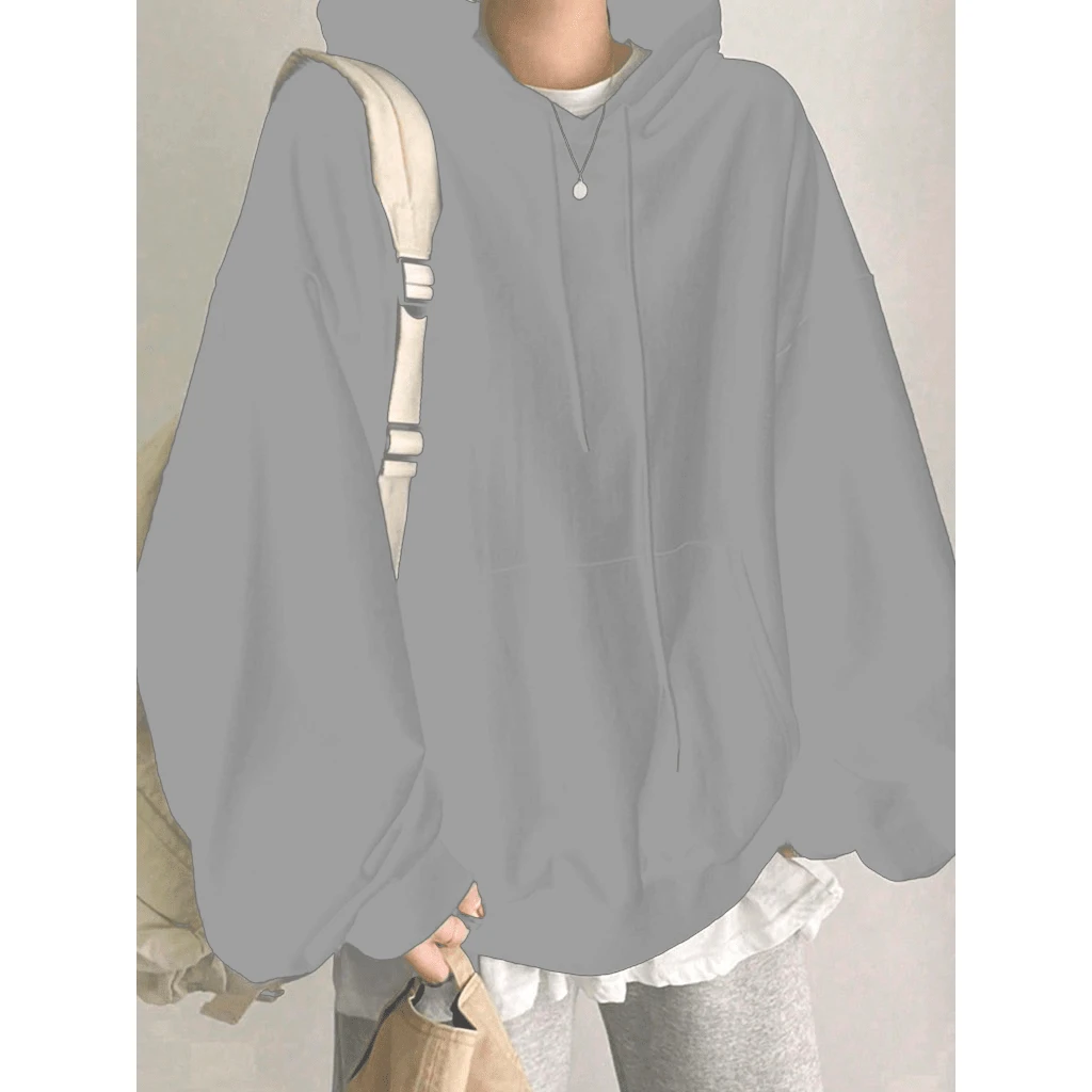 Women's Plain Oversized Solid Hooded Sweatshirt With Offset Layers - Grey - View 1