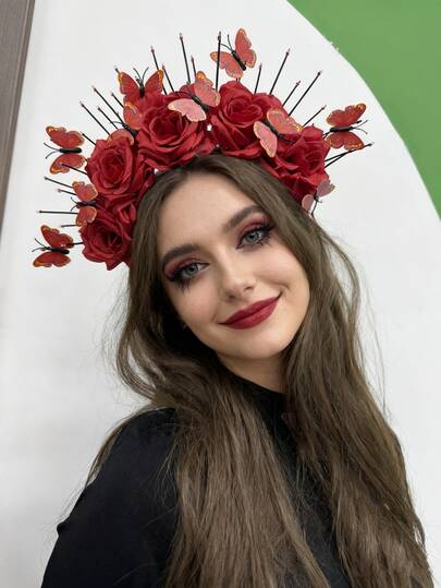 1 pieza Diadema con flores y mariposas de Halloween, accesorio para el cabello de fiesta festiva