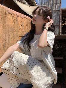 刺绣蕾丝蝴蝶结印花短袖圆领 T 恤 - 淺灰色 - 查看 3