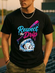 Baseball Cotton Graphic Tee, With Respect The Drip Lettering, Drip - Effect Baseball Bat, Glove And Sprinkled Baseball Print, Playful Streetwear - Inspired Casual Short Sleeve T - Shirt - 黑色 - 查看 1