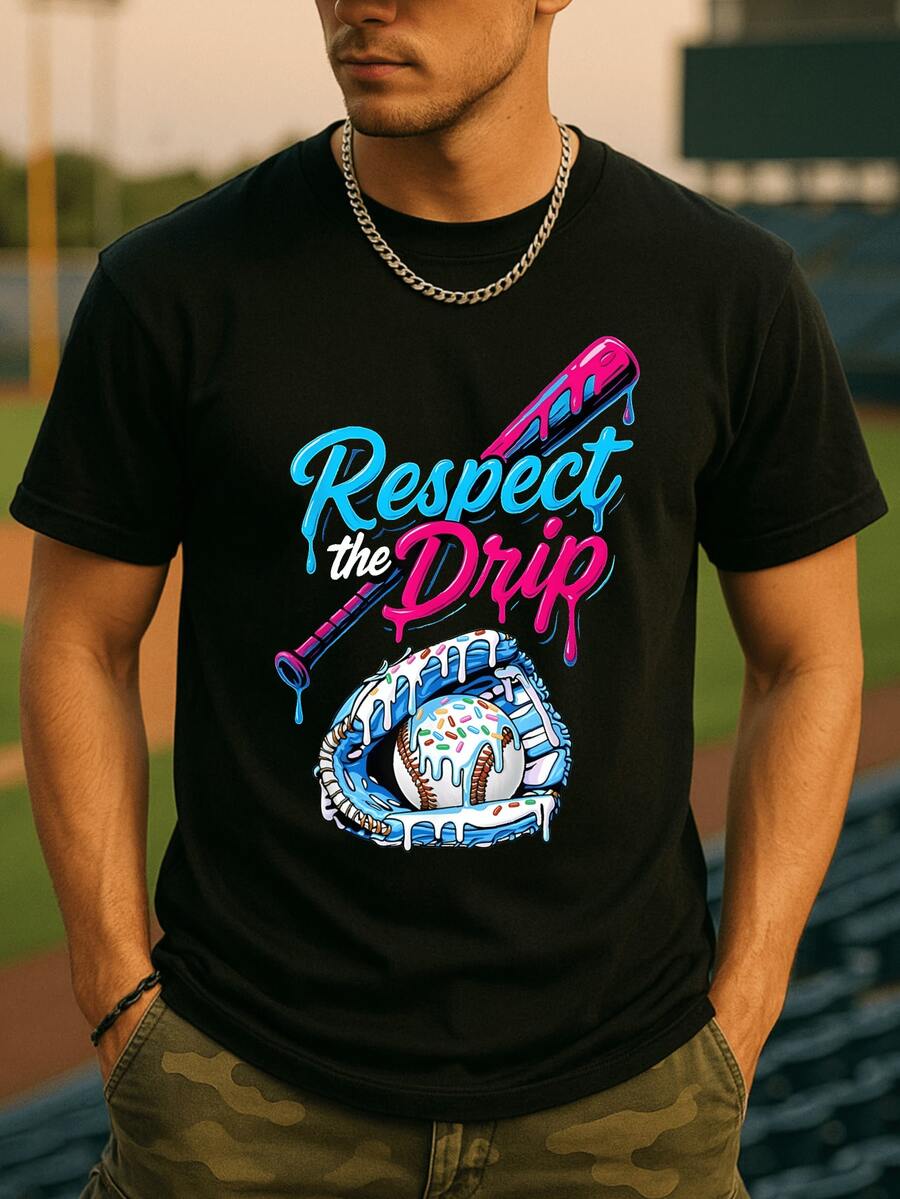 Baseball Cotton Graphic Tee, With Respect The Drip Lettering, Drip - Effect Baseball Bat, Glove And Sprinkled Baseball Print, Playful Streetwear - Inspired Casual Short Sleeve T - Shirt - 黑色 - 查看 1