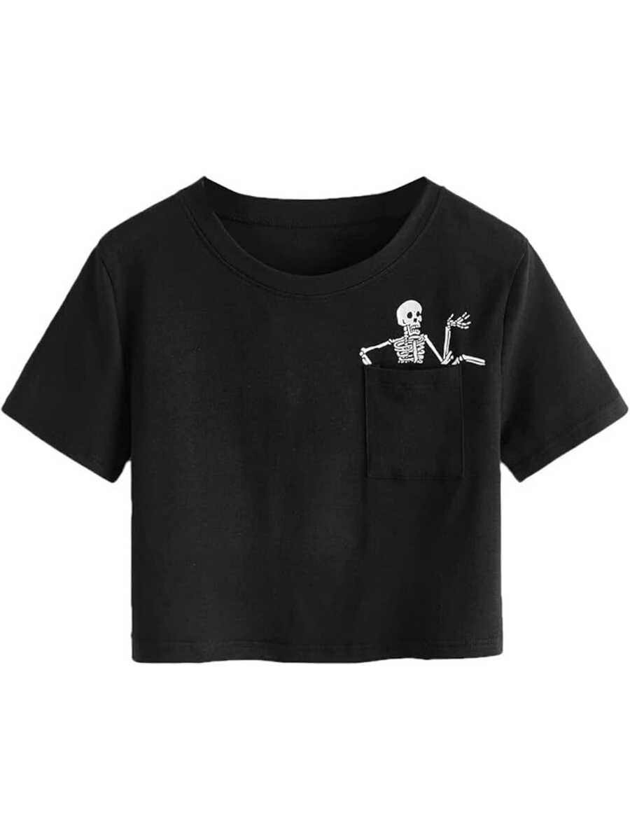 Día de los Muertos Calavera en Bolsillo talla grande 220 gramos 1 unidad de Camisa de T con estampado digital Diseño Gótico Casual de Calavera 100% algodón Suave y Cómoda Camiseta de mujer con cuello redondo, diseño casual - Negro - Ver 1