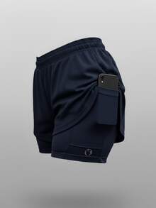 Women's Dry Fit Compression Shorts Navy Blue 2 In 1 Gym Training Running Secret Internal Pocket - Navy Blue - View 1