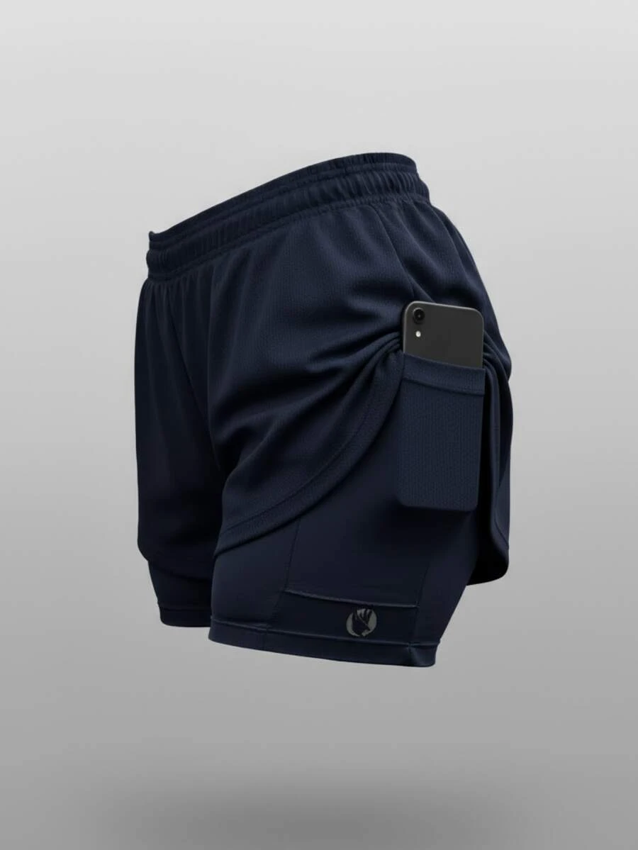 Women's Dry Fit Compression Shorts Navy Blue 2 In 1 Gym Training Running Secret Internal Pocket - Navy Blue - View 1