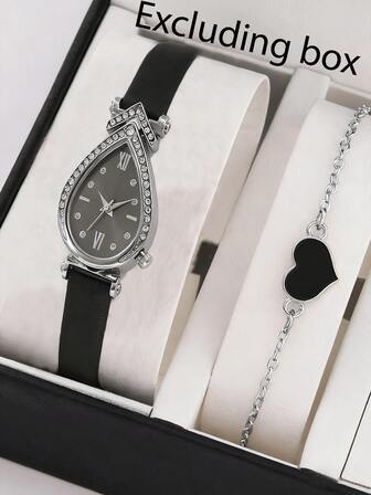 1 set dammode minimalistisk kvartsklocka med läderarmband, elegant droppformad damklocka