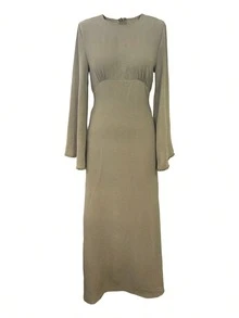 优雅圆领长袖连衣裙，系腰设计，返校季必备，春秋季单品 - 杏色 - 查看 6