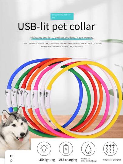 1pc LED Glowing Dog Collar, Silicone + ABS Material, Freely Trimmed, USB Rechargeable, Bright Luminous, Anti-Lost For Pets At Night, Available In Red/Yellow/Orange/White/Blue/Pink/Green/Multi-Color