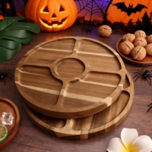 1 Peça Bandeja de Estilo Rústico de Madeira de Mimosa - Cesta de Armazenamento Redonda de Madeira, Adequada para Lanches, Frutas e Sobremesas | Organizador de Cozinha e Acessório de Decoração para Sala de Jantar