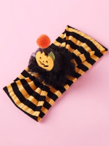 2pcs/Set Cute Baby Hair Accessories, 3D Mesh Floral Pom Pom Hat Decor, Soft Comfortable Striped Nylon Baby Headband, Halloween Party Holiday Headpiece